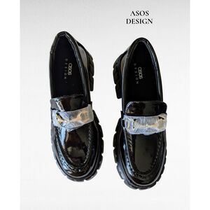 ASOS DESIGN Chunky Patent Loafers Black Gold Bit Lug Sole Platform US9